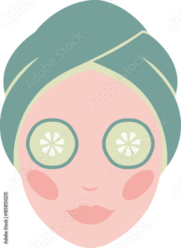 Skincare Icon | Woman Face with Cucumber Eye Mask and Towel Wrap for Spa and Beauty Design