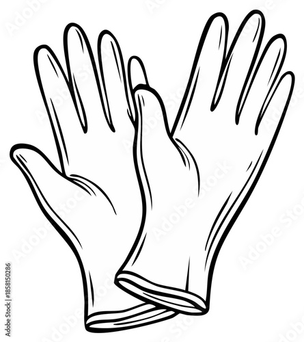 Cartoon outline illustration of two medical gloves