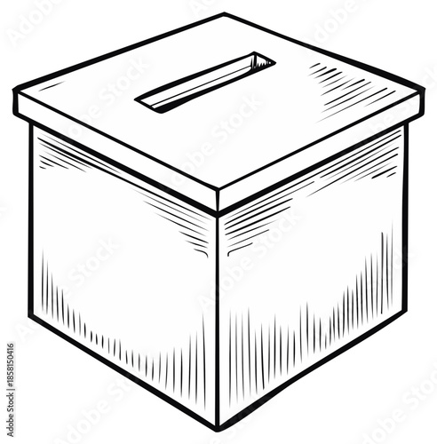 Hand drawn illustration of a simple wooden ballot box for voting and elections