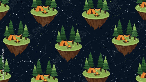  Floating camping islands seamless pattern with tents and pine trees at night