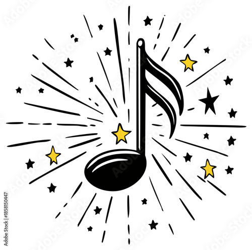 Musical Note Icon with Starburst and Stars Decorative Element