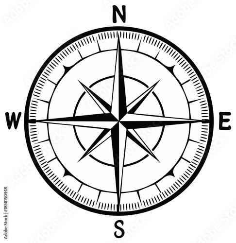 Black and White Compass Rose Illustration Graphic for Navigation Direction Tool
