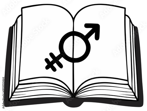 Open book with gender symbol representing equality and male female concepts