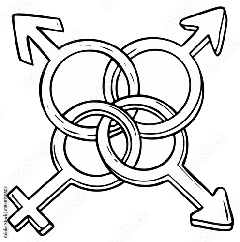 Intertwined gender symbols representing interconnected relationships and identity