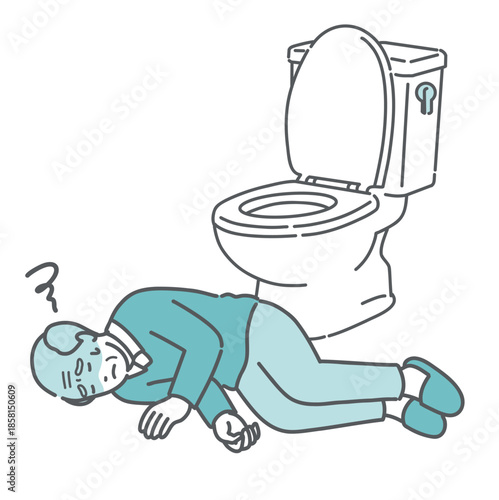 トイレで意識を失い倒れている高齢男性のイラスト（ヒートショック・失神）