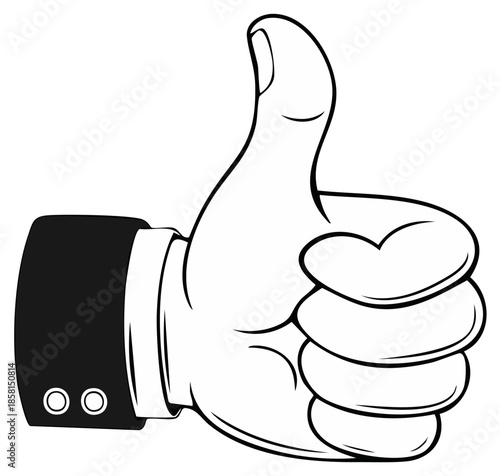 Professional hand giving thumbs up gesture in black and white cartoon style illustration