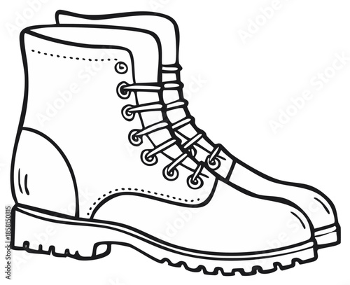 Hand drawn illustration of a sturdy lace up work boot showing detailed stitching and tread pattern