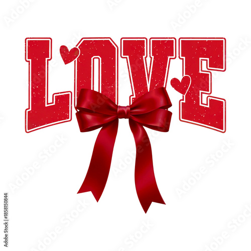 Glittery Red LOVE Text with Ribbon Bow and Heart Accents – Valentine’s Day on Transparent Background
