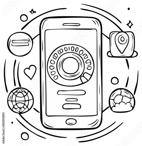 Mobile device with circular keypad icon and associated icons showing location globe and more in line art
