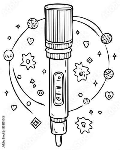 Drawing of insulin pen with planets and cells, symbolizing medical treatment and health
