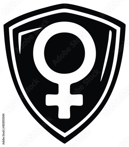 Black and White Graphic of Feminine Symbol Inside a Shield