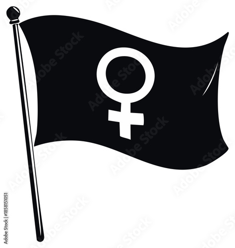 Black and white vector illustration of a flag with the female symbol