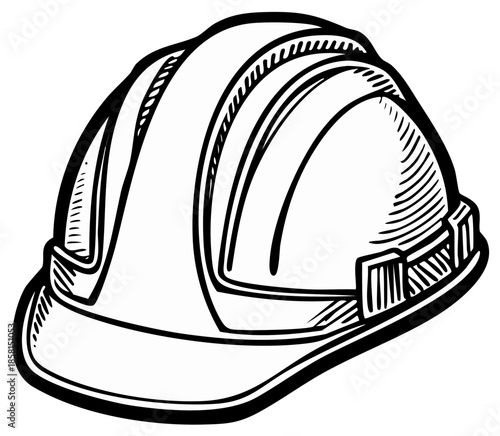 Black and white line drawing of a construction hard hat worn for safety