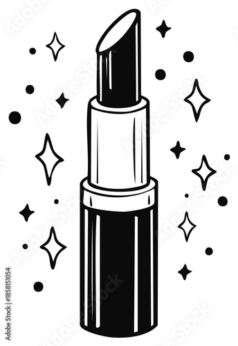 Elegant lipstick doodle illustration with sparkling effects, simple beauty product drawing for design projects