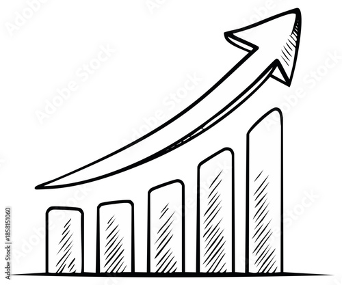 Hand Drawn Bar Chart Sketch with Rising Arrow. Business Growth and Success Concept. Performance Improvement Illustration.