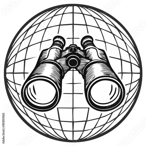 Binoculars in front of a Globe Grid Symbol for Exploration and Travel