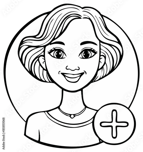 Smiling Woman Portrait Icon Line Art Vector Profile Picture Avatar with Plus Symbol