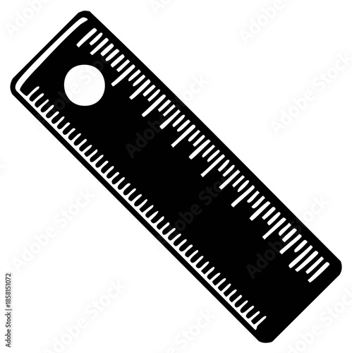 Black and white illustration of a ruler for measuring objects length and straight lines with a hole on the upper side