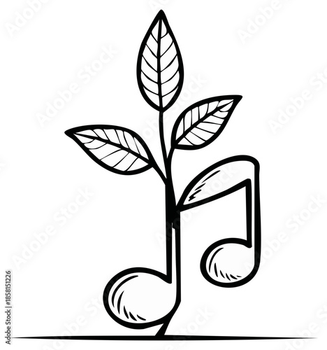 Music note transforms into a plant with leaves in black outline simple style