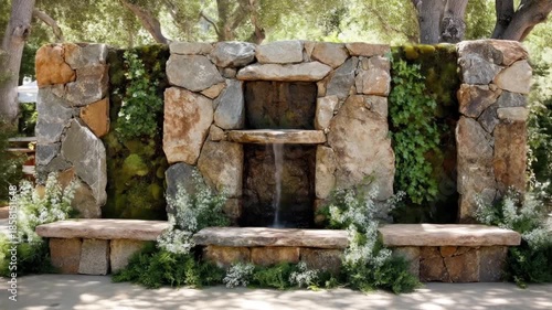 Stone wall with waterfall, benches, and plants, creating a serene, natural outdoor space