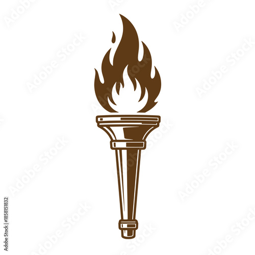 Vintage Brown torch with flame on top isolated on white background