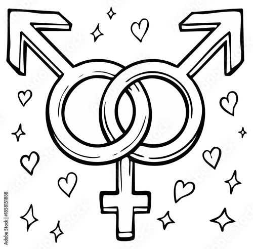 Symbolic Intertwined Gender Symbols Representing Love and Inclusivity with Hand Drawn Stars and Hearts