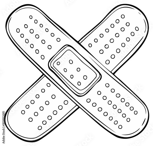 Two crossed band aids drawn in a simple sketch style with dotted textures