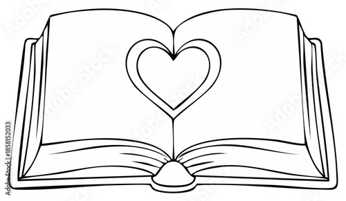 Open book with heart shape on centerfold pages - line art illustration for romantic stories or greeting cards