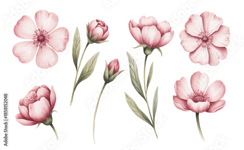 Light pink floral set with buds and leaves in traditional watercolor style.