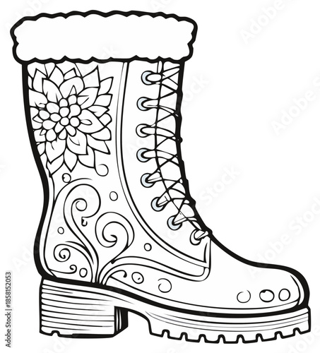 Adult coloring page of a fashionable winter boot with fur trim laces and intricate floral patterns