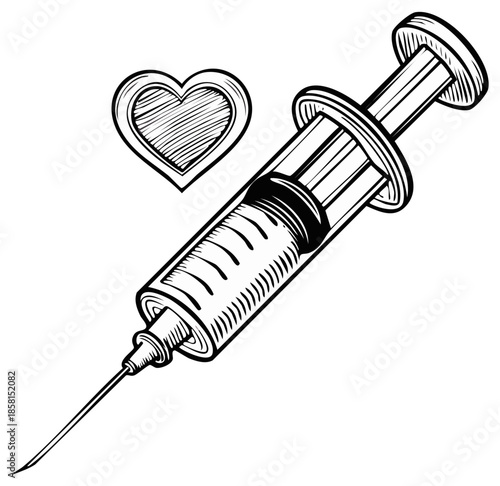 Heart symbol and syringe illustration, medical injection concept