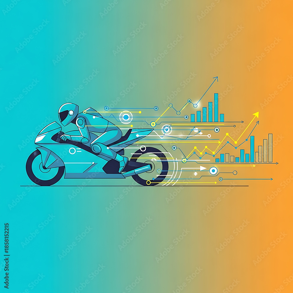 Obraz premium ai business growth featuring a robot rider on a motorcycle driving digital transformation market analysis and financial success.