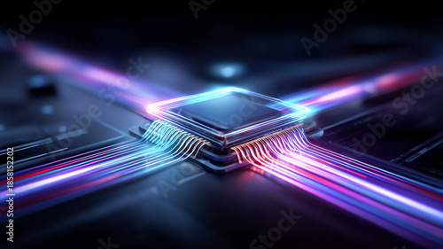 A microchip with radiant energy lines symbolizing high speed processing, technological advancement, and modern digital infrastructure powering complex systems.
