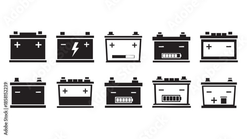 Collection of various car battery icons isolated on transparent background