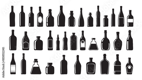 Collection of various bottle silhouettes and shapes isolated on transparent