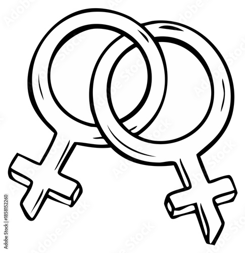 Illustration of two stylized overlapping female symbols in black and white.