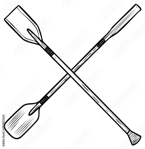Two crossed oars in a sketched style isolated on a white background symbolizing teamwork or nautical adventure