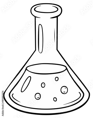 Outline illustration of a conical Erlenmeyer flask with bubbling liquid, representing science, chemistry, and laboratory experiments.