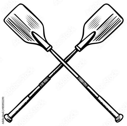 Two crossed rowing oars vintage illustration boating equipment for water sport.