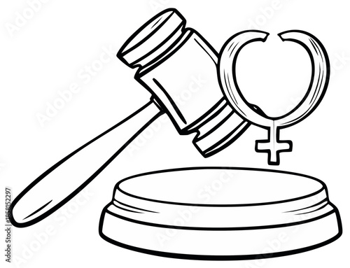 Conceptual illustration of gavel, symbol for women's rights, and a round base