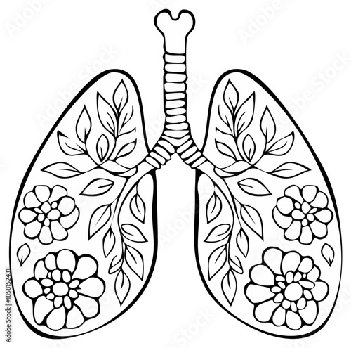 Artistic Lungs with Floral and Leafy Patterns in Black and White