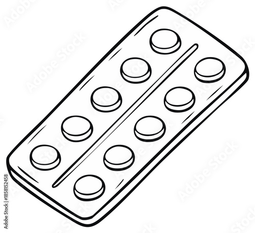 A simple hand drawn illustration of a blister pack containing ten round pills or tablets in two rows.