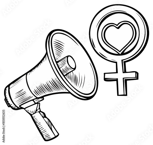 Feminist message conveyed through a megaphone alongside a gender symbol illustration