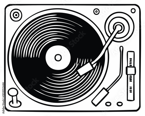 Simple Black and White Turntable Illustration: Vinyl Record Player, Music Device