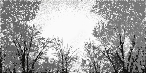 Silhouetted trees frame a bright circular light source in a monochrome image