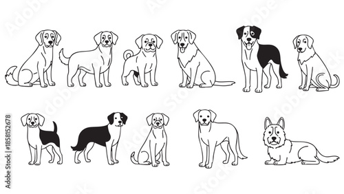 Cute cartoon dogs in various poses and styles isolated illustration