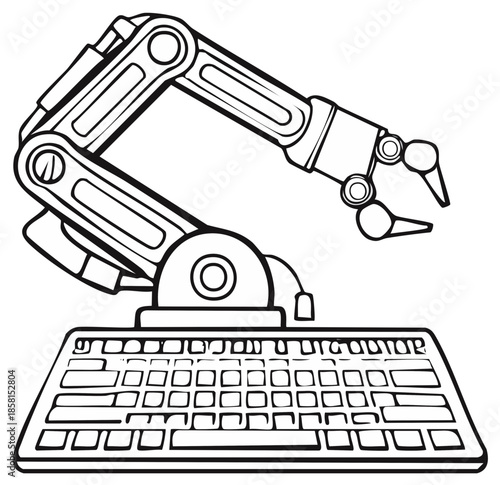 Robotic Arm Extends Over a Keyboard Depicting Automation and Technology Integration with Precise Mechanical Control and Digital Input
