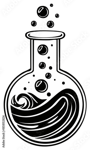 Bubbling liquid inside a round bottom laboratory flask illustration with waves