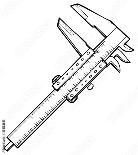 Caliper Illustration: Precision Measuring Instrument Tool, Ruler Scale, Engineering Instrument Outline, and Measuring Device