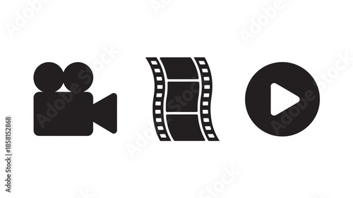 Video camera, film strip, and play button icons for video production and playback